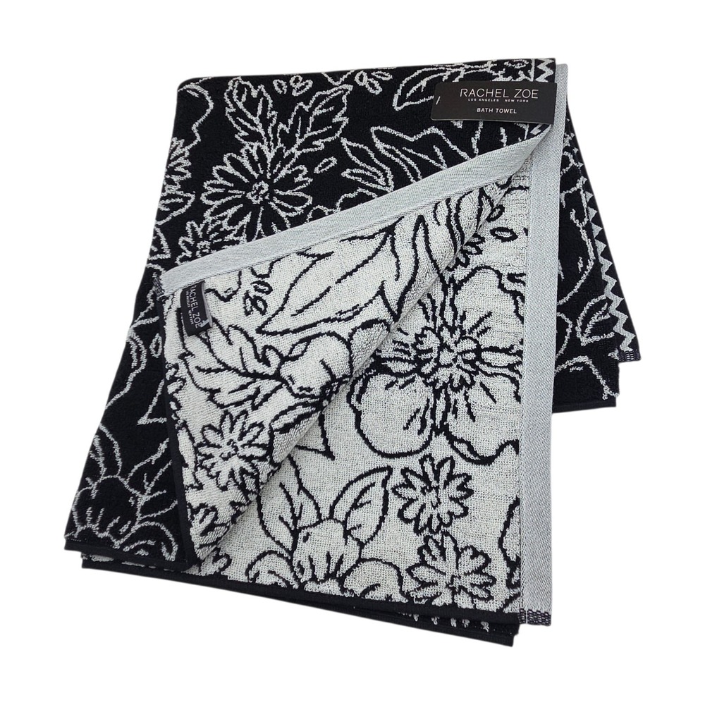 Rachel Zoe Black Ecru Floral Reversible Cotton Towel Set 4pc 2 Bath 2 Hand - Picture 5 of 12